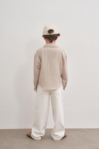 Çizgili Müslin Gömlek Unisex - Bej