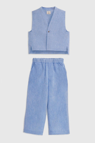 Mavi Keten Yelekli Takım Unisex - Mavi
