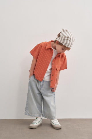 Çizgili Keten Viscon Cepli Gömlek Unisex - Orange