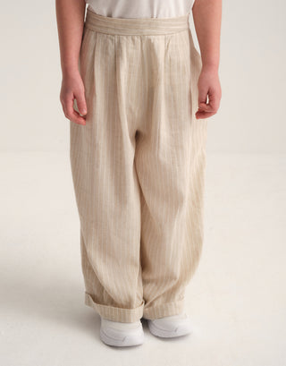 ÇİZGİLİ KETEN BOL PANTOLON BEJ