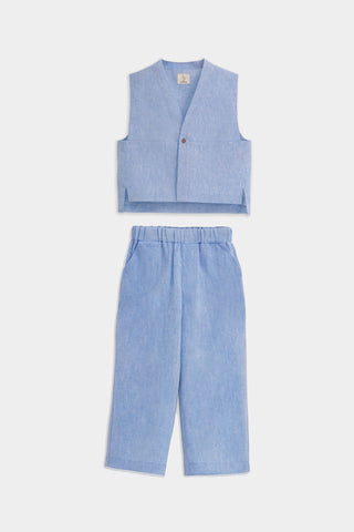 Mavi Keten Yelekli Takım Unisex