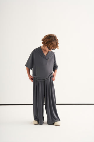 KRUVAZE YAKA MODAL TAKIM - BOL PANTOLON GRİ