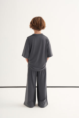 KRUVAZE YAKA MODAL TAKIM - BOL PANTOLON GRİ