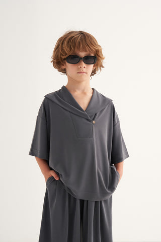 KRUVAZE YAKA MODAL TAKIM - BOL PANTOLON GRİ